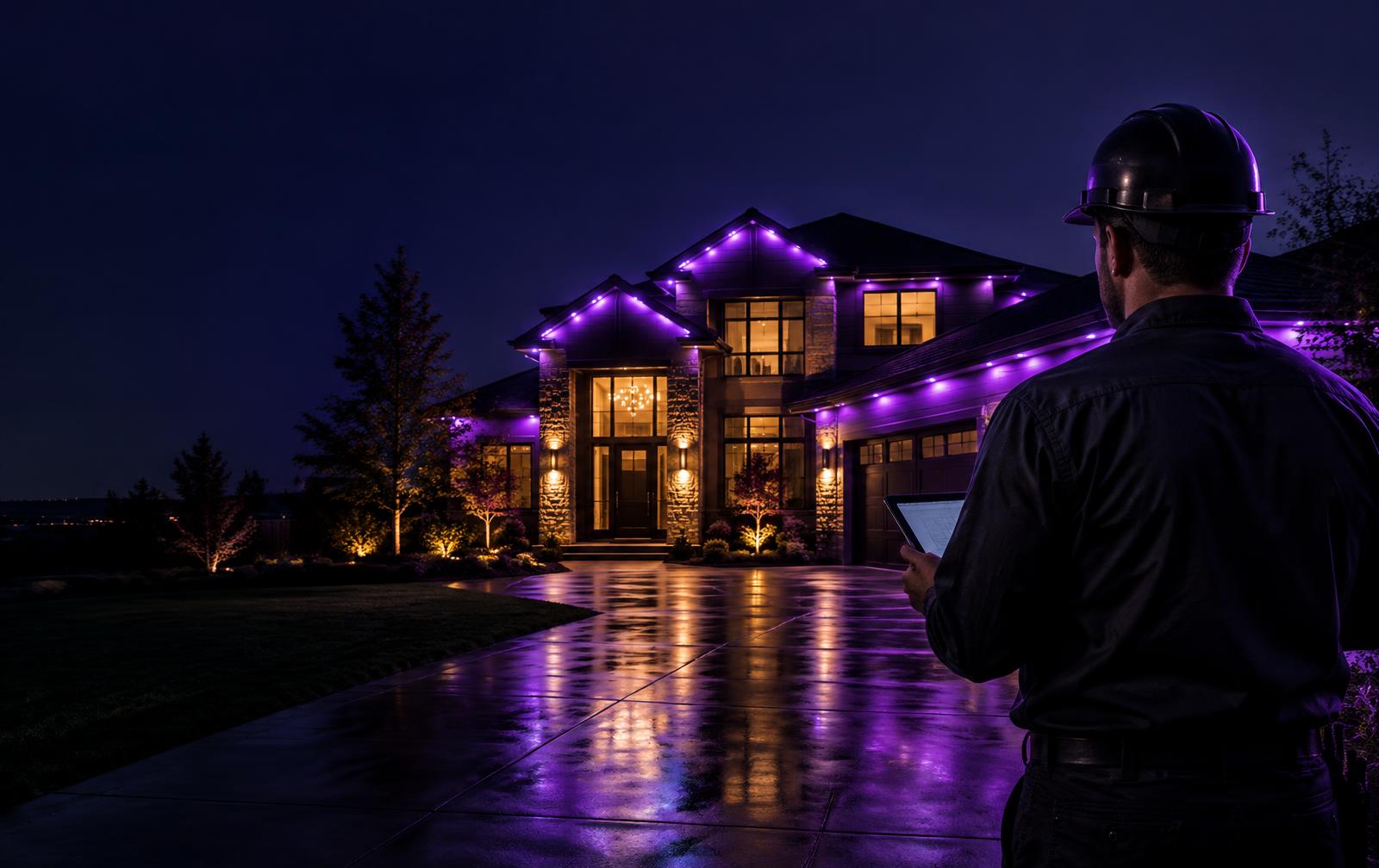 Contractor reviewing a lighting plan at a home at dusk