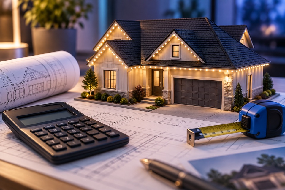 Illustration of a lit house model, calculator and measuring tape for planning lighting costs