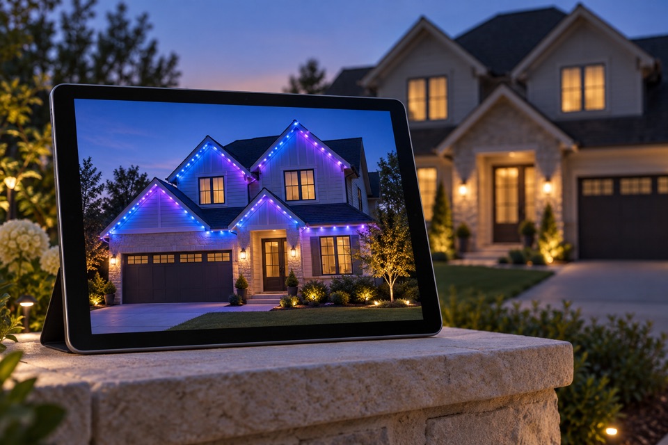 Illustration of a tablet previewing blue and violet roofline lights on a home